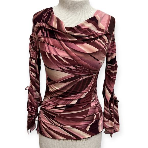 Vintage Tops - Classy- Vintage Pink and Burgundy Abstract Ruched Tie-Sleeve Blouse-Y2K